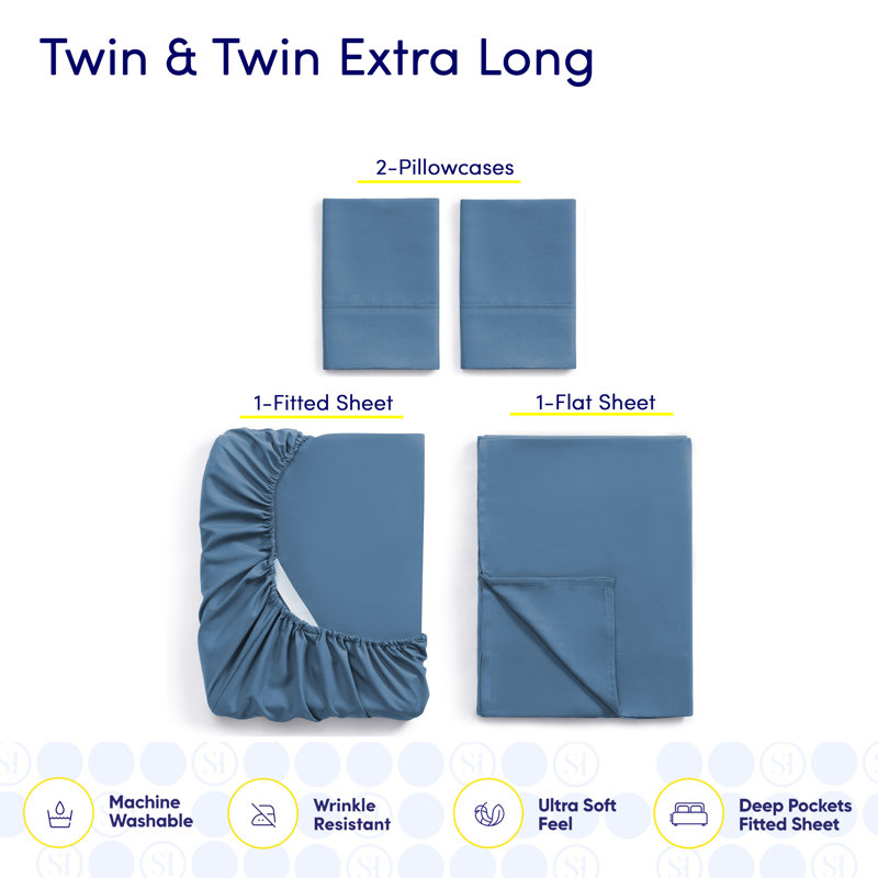 Luxurious Soft Microfiber Sheet Set with Bonus Pillowcases, Denim, Twin Sheet Set with 2 Pillowcases