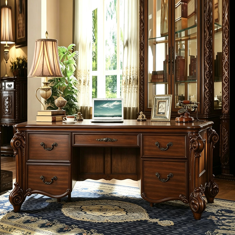 Bureau Vendôme classique européen brun de 188 cm (74 po) – Placage en bois de cerisier avec pieds sculptés en acanthe, accents de couleur patinés à la main, bureau à tiroirs multiples pour la maison ou le bureau à domicile