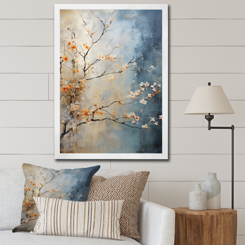 Érable orange sarcelle brillant, braises III - Art mural érable, H 32 po x l 16 po x P 1 po, Cadre simple blanc