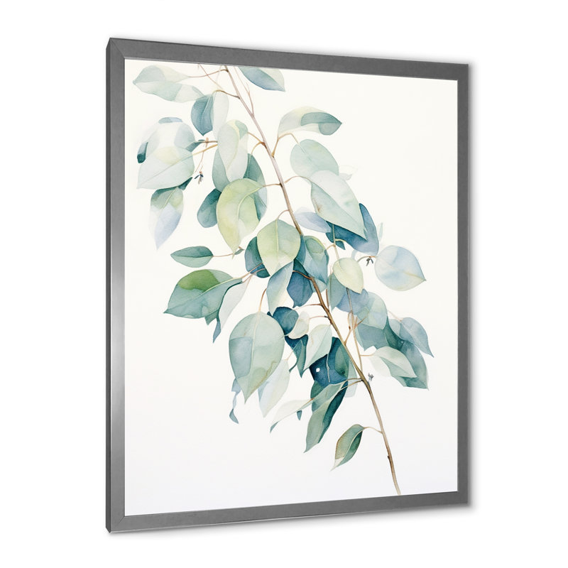 Vert, blanc, minimalisme, eucalyptus Essence III, Cadre simple argenté, H 20 po x l 12 po x P 1 po