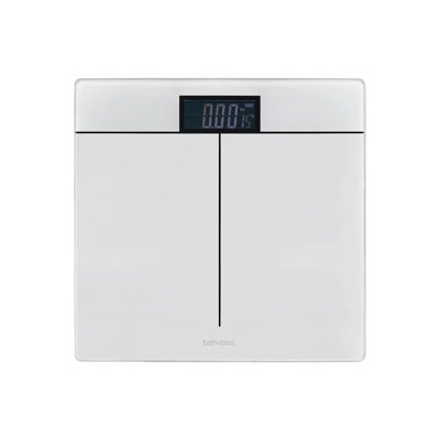 Pèse-personne en verre trempé pour salle de bain 12 po x 12 po Bath Bliss - couleur blanche | Capacité de 400 lb | Technologie Step-On | Alimentation par piles AAA