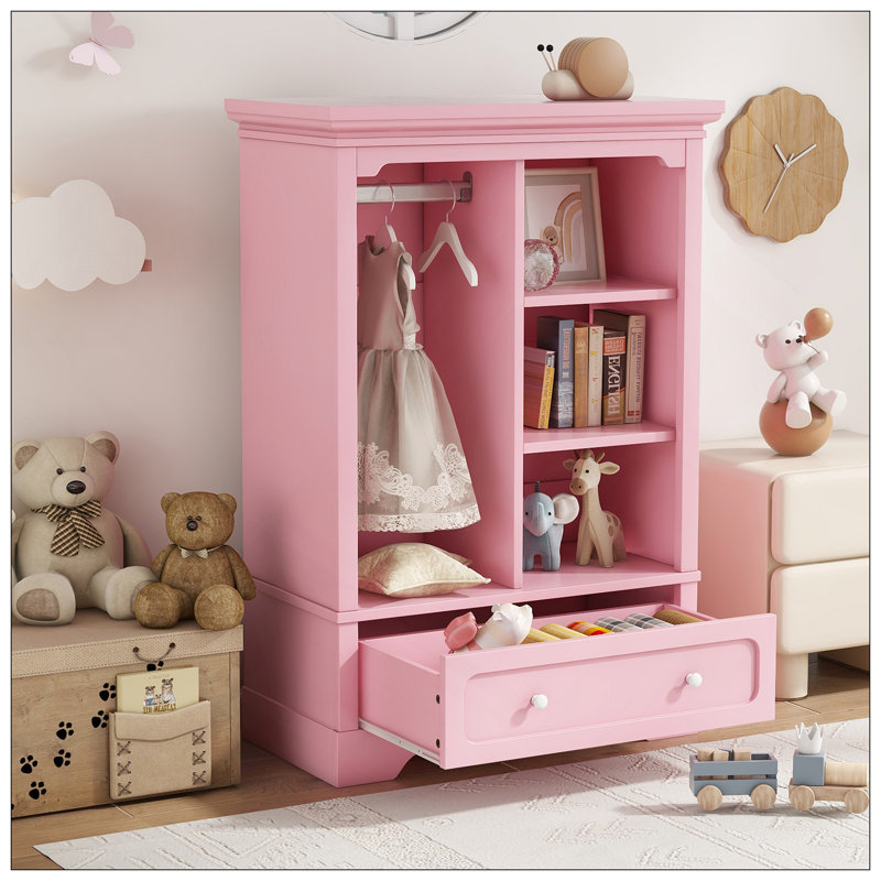 Garde-robe ouverte pour enfants avec une tringle suspendue et des tablettes ouvertes, un grand tiroir, une conception basse près du sol pour un accès facile