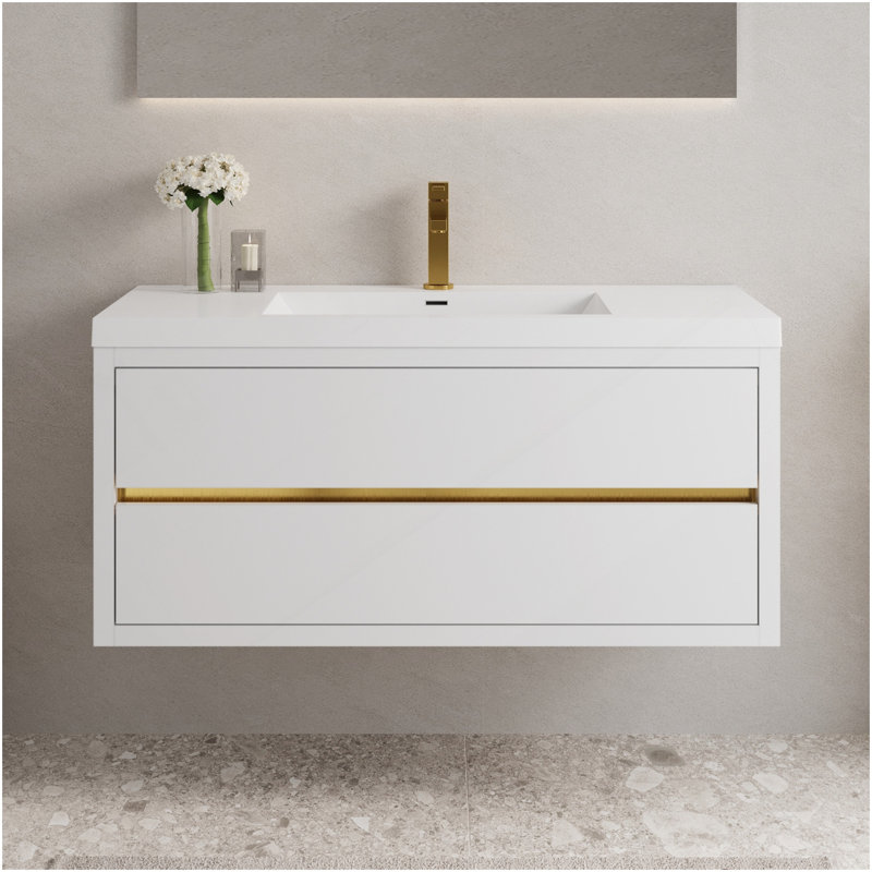 48" Wall-Mounted Bathroom Vanity With Sink, Floating Bathroom Storage Cabinet With Stone Resin Countertop And Soft Close Drawers, Glossy White