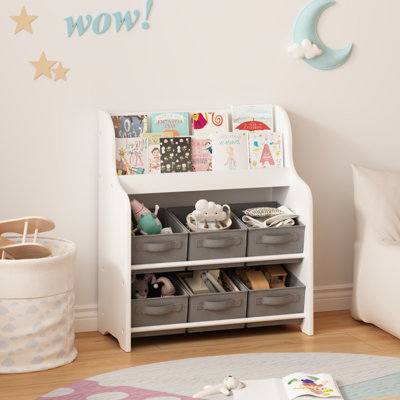 Bibliothèque pour enfants avec 6 bacs de rangement en tissu, bibliothèque multifonctionnelle pour enfants et organisateur de jouets, tablette de présentation pour salle de jeux, chambre à coucher ou chambre de bébé - blanc et gris