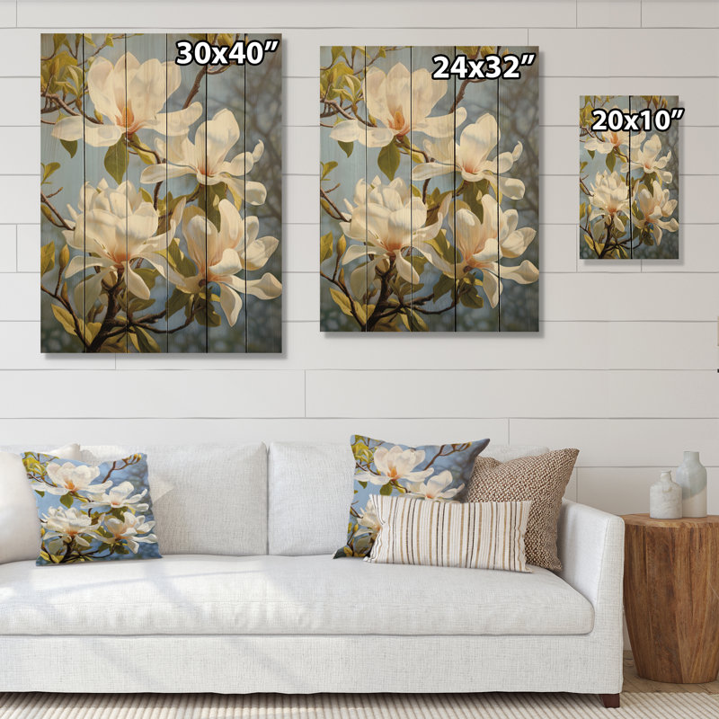 Blanc blanc jaune Magnolias Magnolia Bliss Ii sur bois, H 32 po x l 24 po x P 0,78 po
