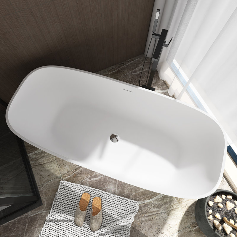 67" x 29.5" Solid Surface Freestanding Soaking Bathtub with Center Drain in White