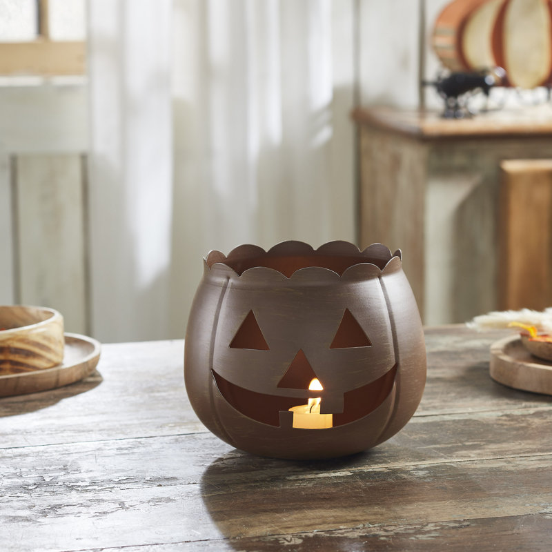 Jack-O-Lantern Candle Holder, Brown, 6.25'' H X 7.5'' W X 7.5'' D