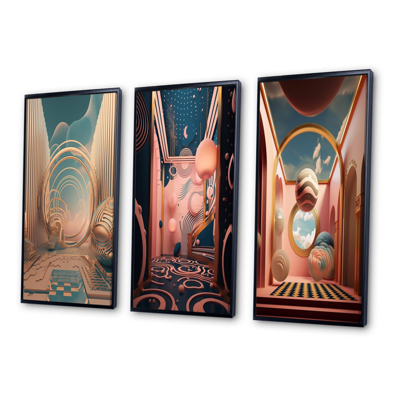 «Futur Folklore Minimal Retro Architecture I», 3 pièces sur toile, H 28 po x l 36 po, Cadre flottant noir