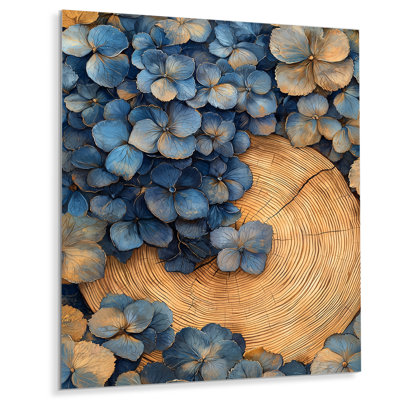 Aqua Hydrangea Flowers On Wooden Slide I - Traditional Metal Art Print, Hydrangea Metal Wall Art