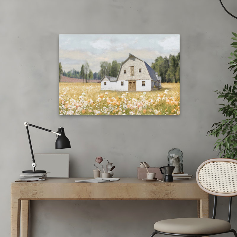 Approche dorée - Paysage contemporain de ferme d'art de grange, H 24 po x l 16 po
