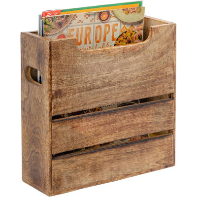 Wooden Magazine Stand With Handle, Decorative Magazine Storage Basket, Suitable For Placing Documents, Folders, Books And Newspapers | Retro Brown Magazine Storage Display Stand, Desk Organizer 10 Inches