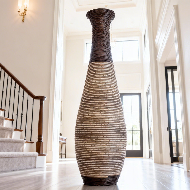 Grand vase de sol rayé à dégradé - Décor tissé de style rotin pour les intérieurs spacieux