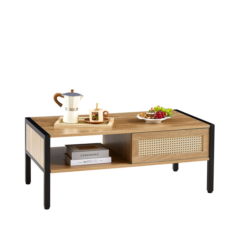 Modern Natural Rattan Coffee Table With Sliding Door Storage And Metal Legs, 40.16" | Gift Idea, Natural, Black