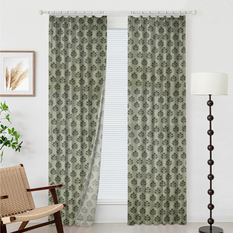 Fabdivine Thick Linen Curtain 27x72 Inches with Floral Block Print, Farmhouse Gray Pleated Pinch Drape for Living Room, Kitchen, Office, or Patio Blackout for Room Darkening, Chahat