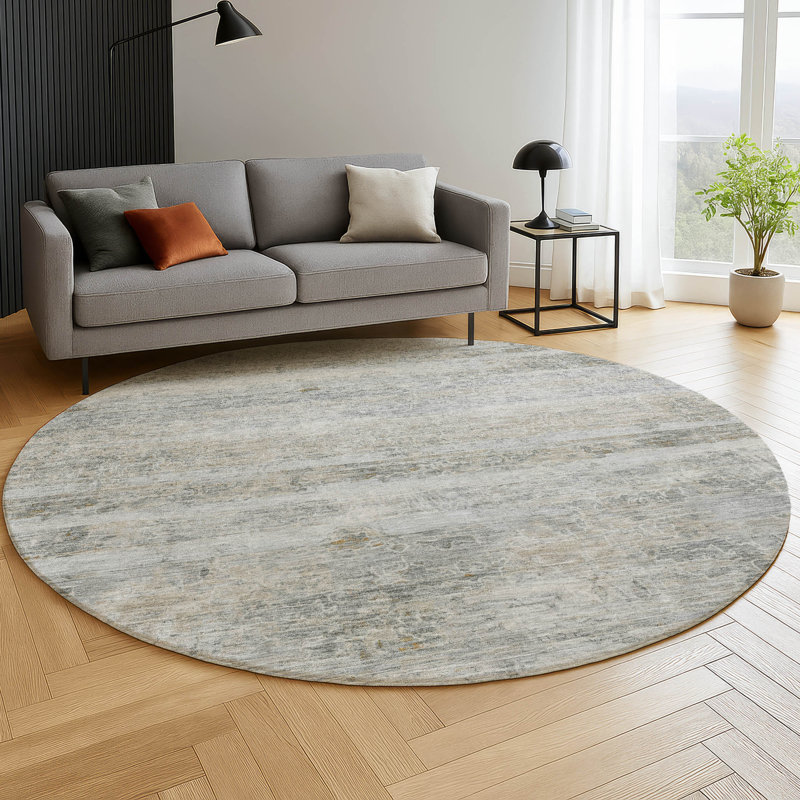 Premium Machine Washable Mayfield AMF2154 Striped Rug, Granite, Round 8'
