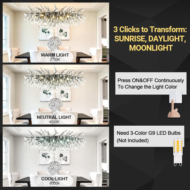 Modern Black Crystal Pendant Branch Chandelier, 47.2 Inch Rectangular Metal Frame Pendant Lighting, Matte Black, 13-Lights