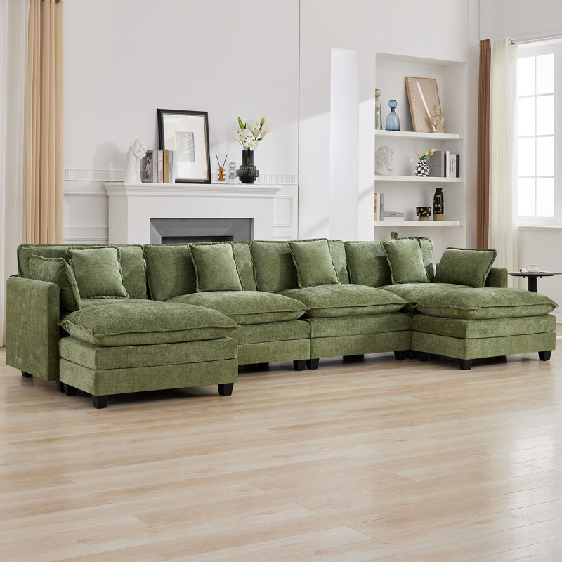 Chenille Upholstered Sectional Sofa Couch with Ottoman, Green, 4 Seat + 2 Ottoman