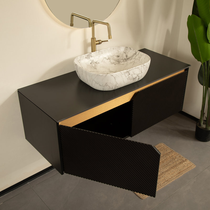 Meuble-lavabo mural double 48 po avec lavabo vasque rectangulaire en marbre, plateau en pierre frittée noire et portes en bois sergé - finition noir mat