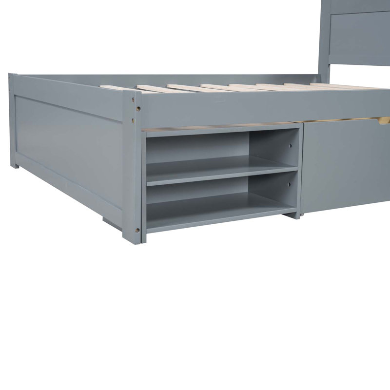 Lit plateforme avec tiroir et deux tablettes, Lit double, Gris