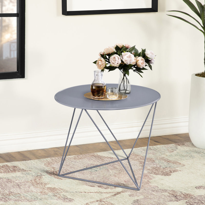 Table d'appoint ronde grise en métal gris avec motif géométrique moderne et polyvalent pour les pièces