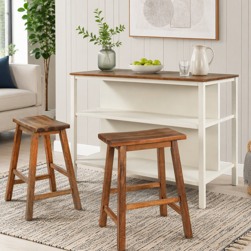 Ensemble îlot de cuisine en bois massif 3 pièces avec 2 tabourets