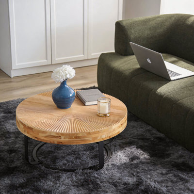 Modern Round Coffee Table with Wooden Carving Pattern & Metal Legs, Black