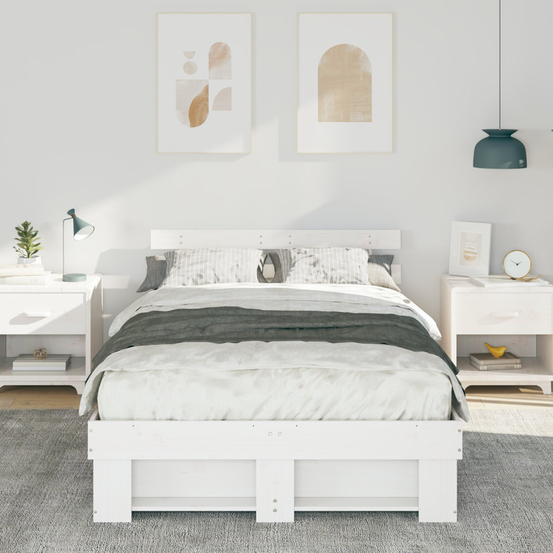 Bed Frame With Headboard Solid Wood Pine, Double (4'6), White