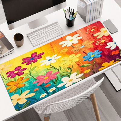 Rubber Mouse Pad, Smooth Microfiber Surface, Non-Slip Base, Rounded Edge Decorative Mouse Mat for Office & Gaming,16×36 Inch ,Rainbow Impasto Flower Art