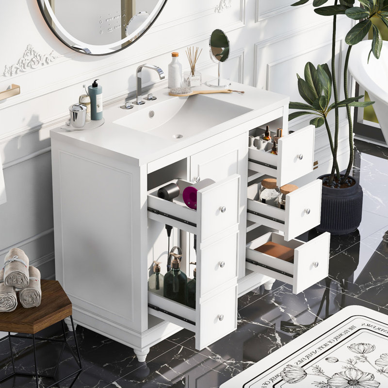 Meuble-lavabo moderne avec lavabo en résine intégré, Blanc