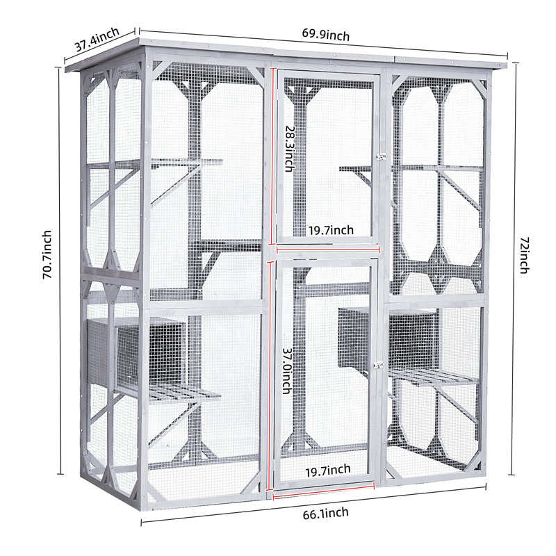 Gray 72" Outdoor Wooden Cat Enclosure with Platforms