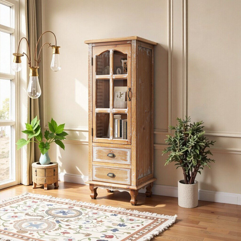 Armoire de rangement rustique avec porte découpée et tiroirs, grand organisateur étroit, Brun antique