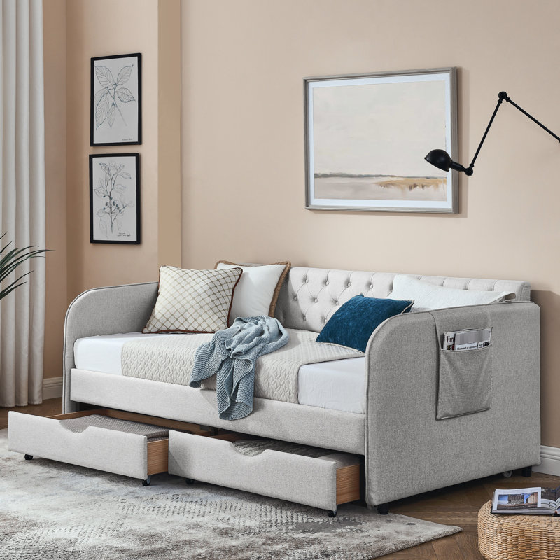 Lit de jour avec lit gigogne et tiroirs de rangement, élégant pour le salon, couleur lin beige, fonctionnel, chambre d'amis.