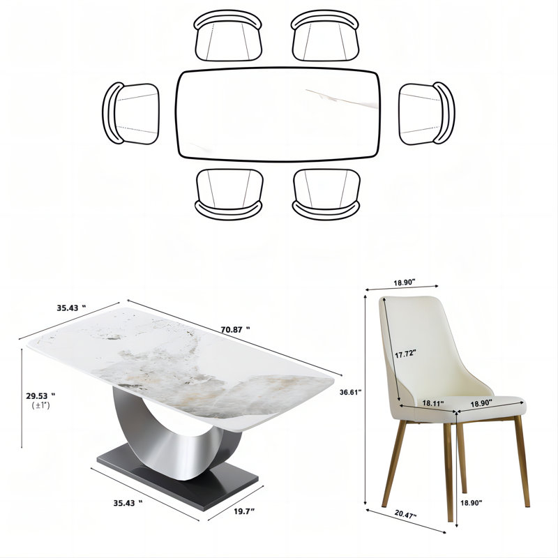 Ensemble de table de salle à manger 7 pièces, Marbre blanc