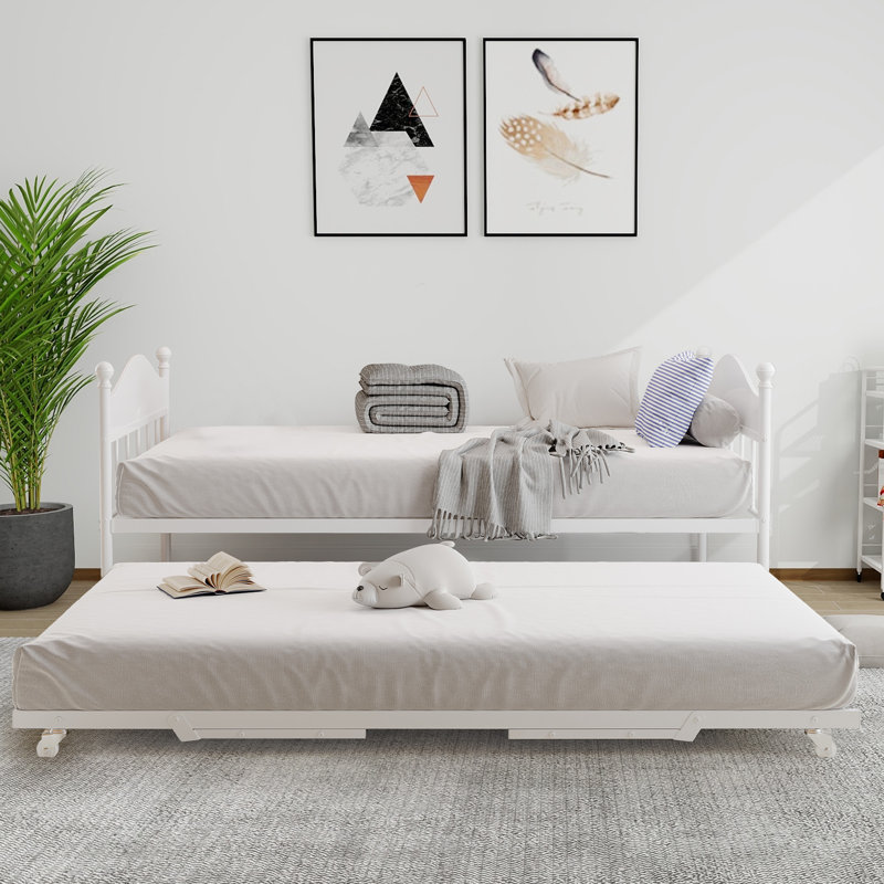 Twin Daybed with Trundle, Twin Bed Frame with Sturdy Metal Foldable Trundle, Sofa Bed with Stylish Headboard for Living Room, Bedroom and Guest Room, White