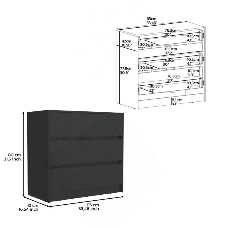 Commode H 31 po, 3 tiroirs, commode, noir, Noir