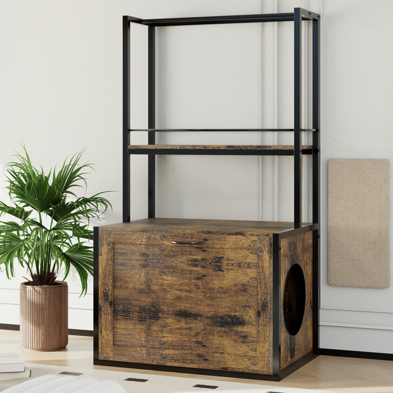 Armoire à litière rustique pour chat brun avec porte réversible et espace de rangement pratique
