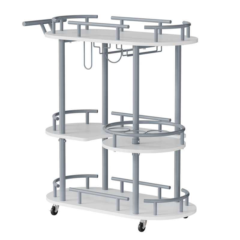 Chariot de bar roulant à 3 niveaux avec casier à vin et porte-verres, chariot utilitaire industriel en métal pour bar et cuisine, argent