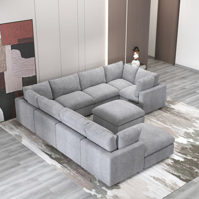 Kessi 10-Piece Upholstered Modern Chenille Fabric Modular Sectional Sofa With Ottoman