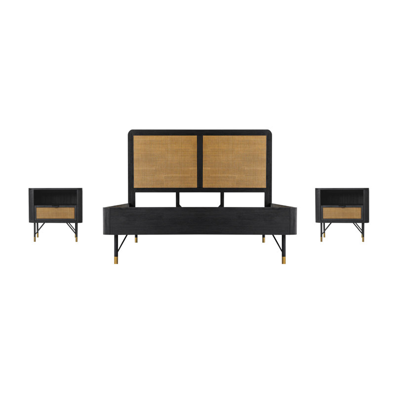 Ensemble de chambre à coucher 3 pièces Alfhild en bois d'acacia noir / brun et rotin, Grand