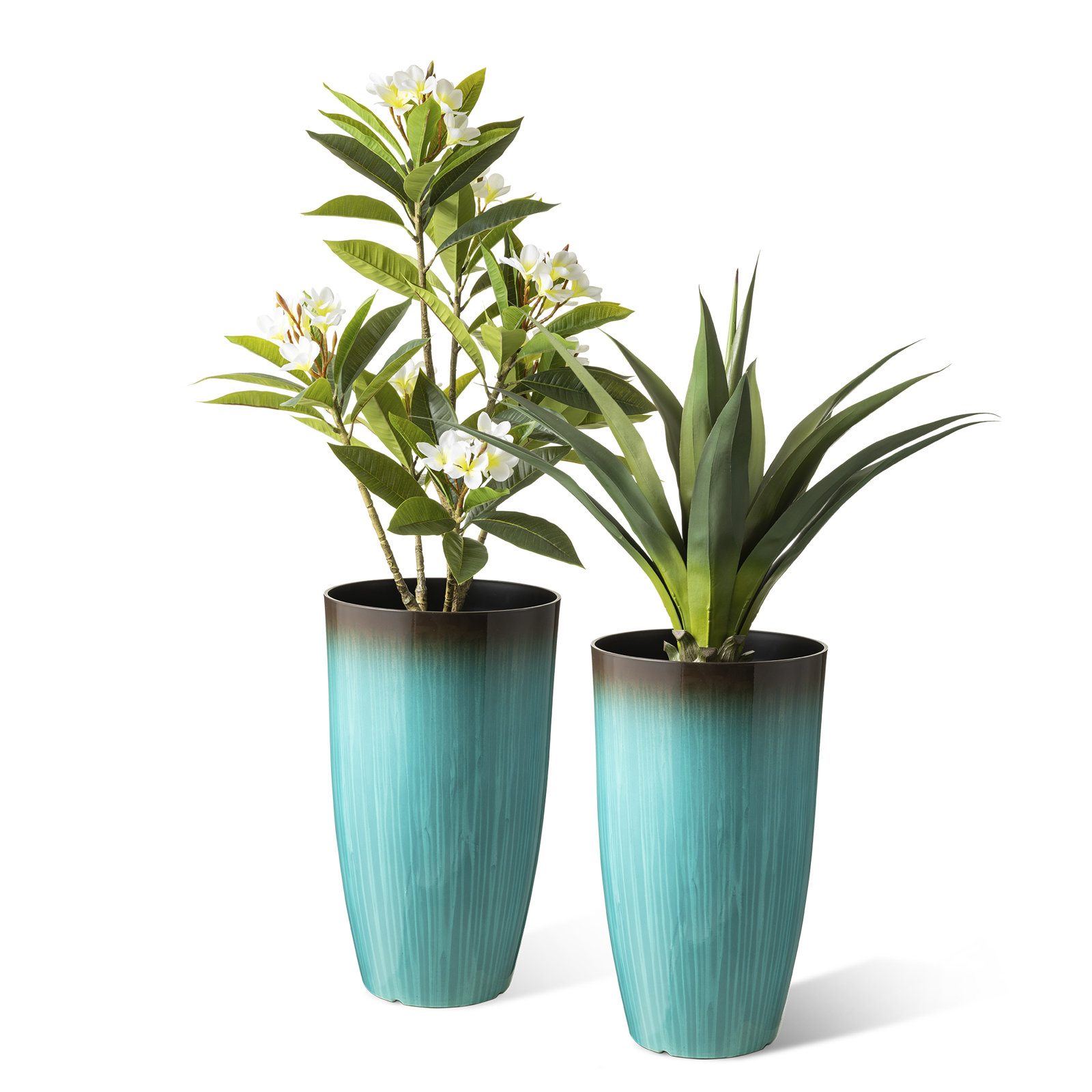 23.5"H Set Of 2 Oversized Gradient Green Faux Ceramic  Tall Plastic Planter, Gradient Turquoise, 23.5"H X 13.75" W X 13.75"D