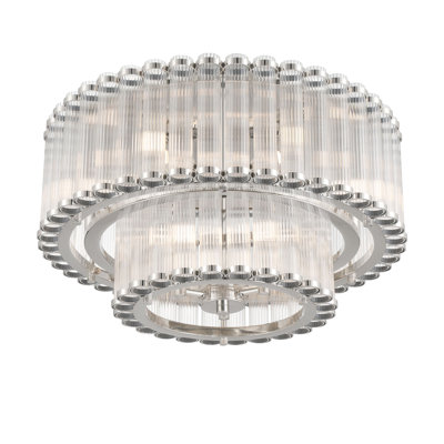 Glasbury, Flush Mount, 9-Light, 24", Polished Nickel, Ribbed Glass