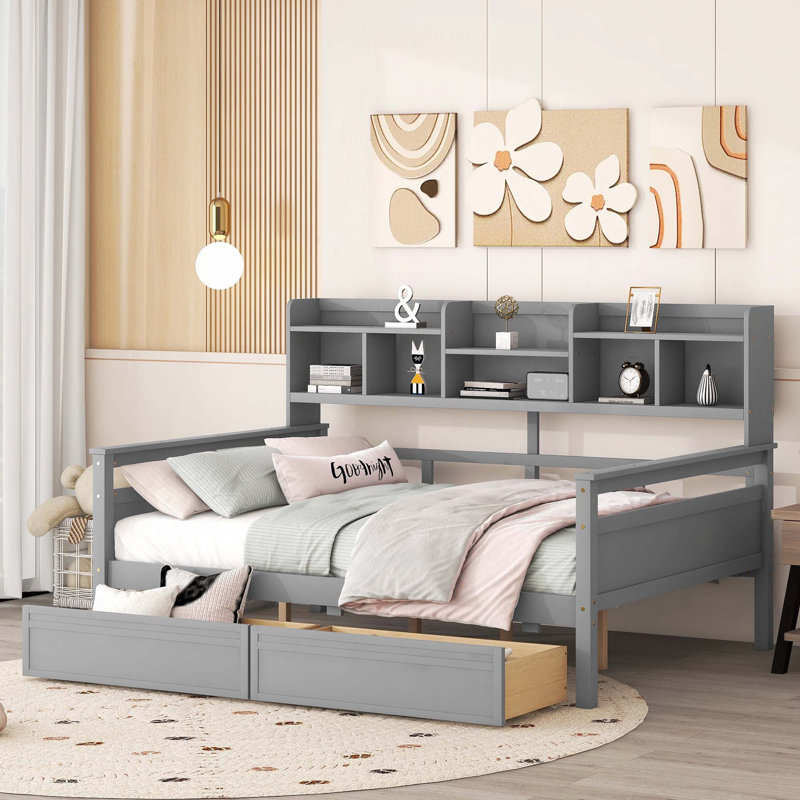 Daybed, Wood Slat Support, with Bedside Shelves and Two Drawers, Full, Gray