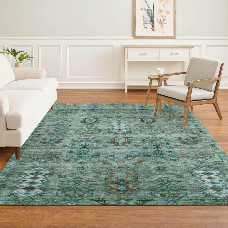 Premium Machine Washable Mayfield AMF2047 Global Rug, Green, 10' x 14'