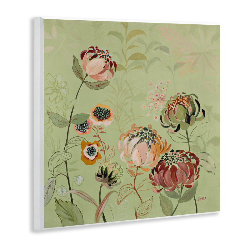 Plaque murale de chrysanthèmes enroulés sur fond vert, design par Dusza