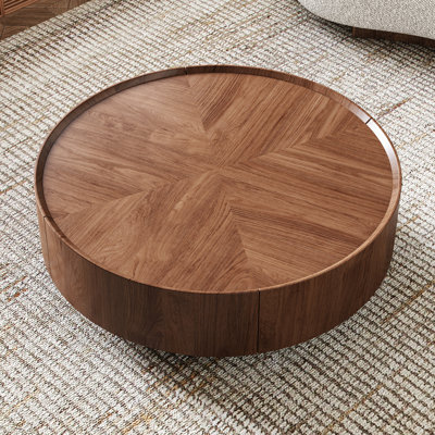 Minimalist Walnut Round Coffee Table with Storage Drawers, Modern Living Room Centre Table with Silent-Glide Drawers, Easy Assembly