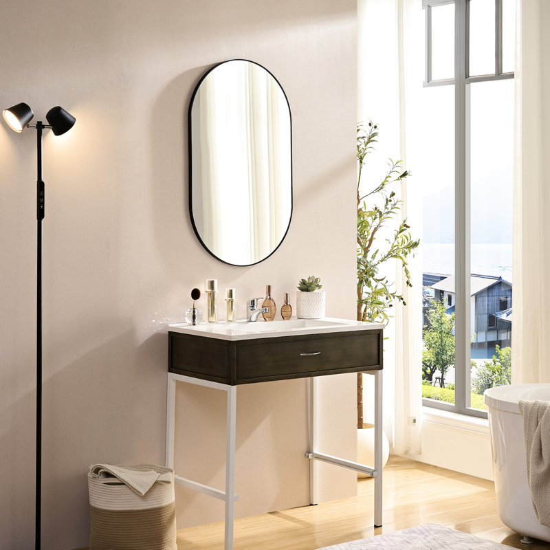 Miroir mural 40 po x 30 po en aluminium noir pour chambre à coucher et salle de bain, aluminium de haute qualité, image claire, miroir de salle de bain ovale 30x40 à fixation à 360 degrés, réflexion, cadre rouillé, fixation, installation sécuritaire