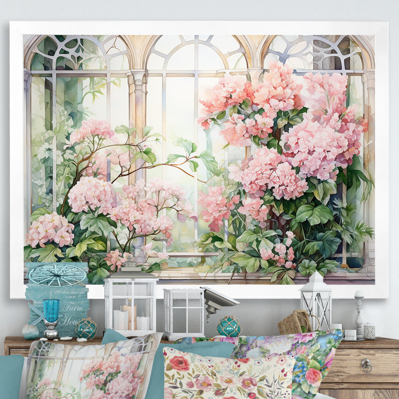 «Pink Blossoming Country Window Gaze III», art mural grande fenêtre, Cadre de coin blanc fermé, H 30 po x l 40 po x P 1,5 po