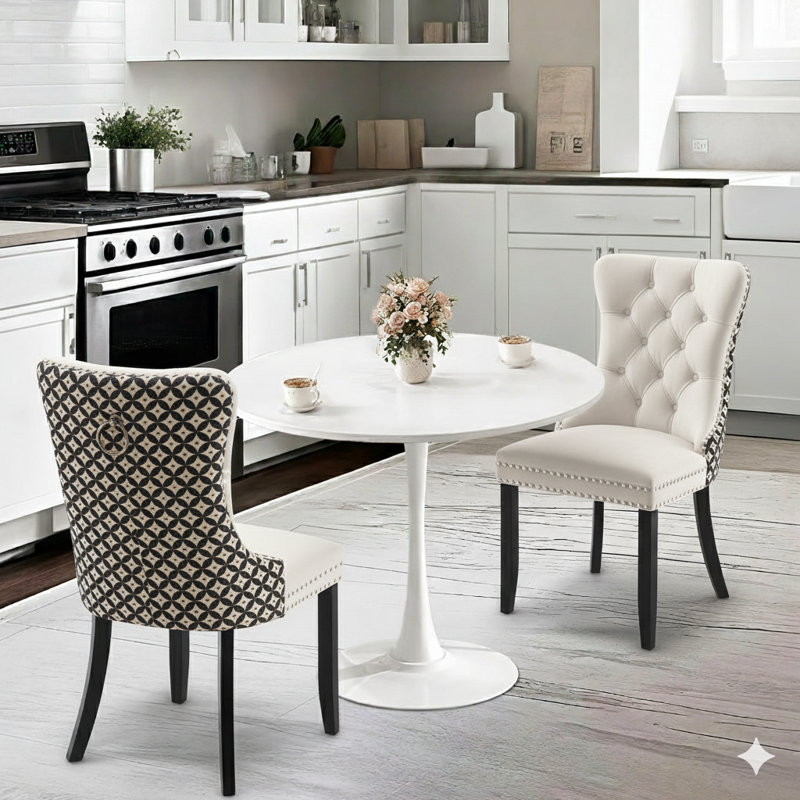 Ensemble de table de salle à manger rond avec 2 chaises, Blanc, Géométrique beige