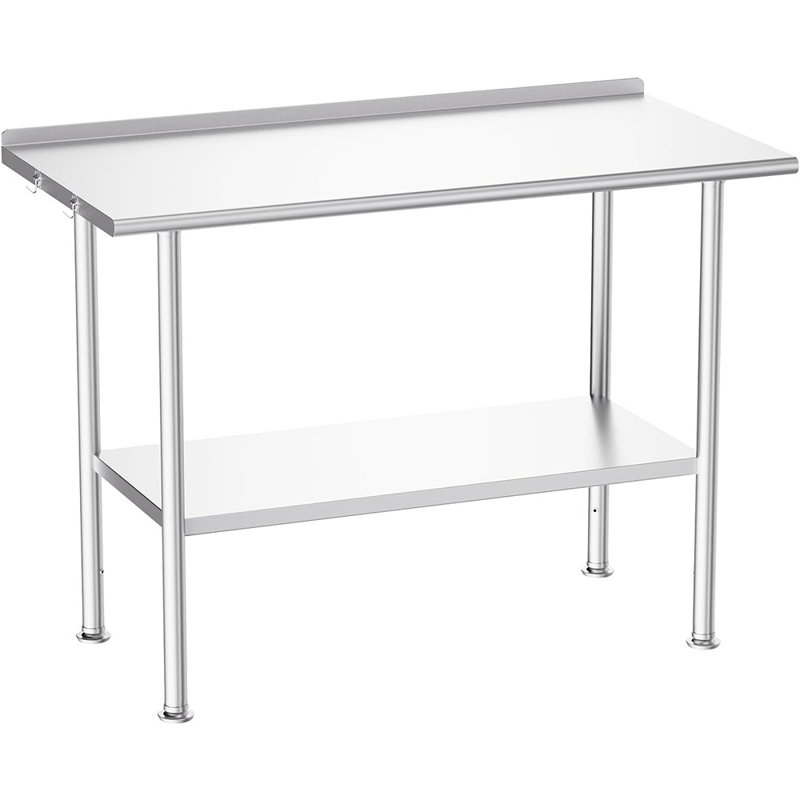 Table de préparation entièrement en acier inoxydable, avec dosseret à coins arrondis et tablette réglable, robuste pour l'extérieur, restaurants, hôtels, ateliers, cuisines, jardins et garages