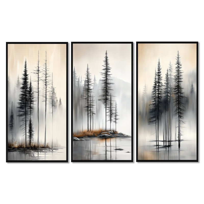 Décoration murale 3 pièces «Misty Summer Pines - Beige Pine», Cadre flottant noir, H 32 po x l 48 po